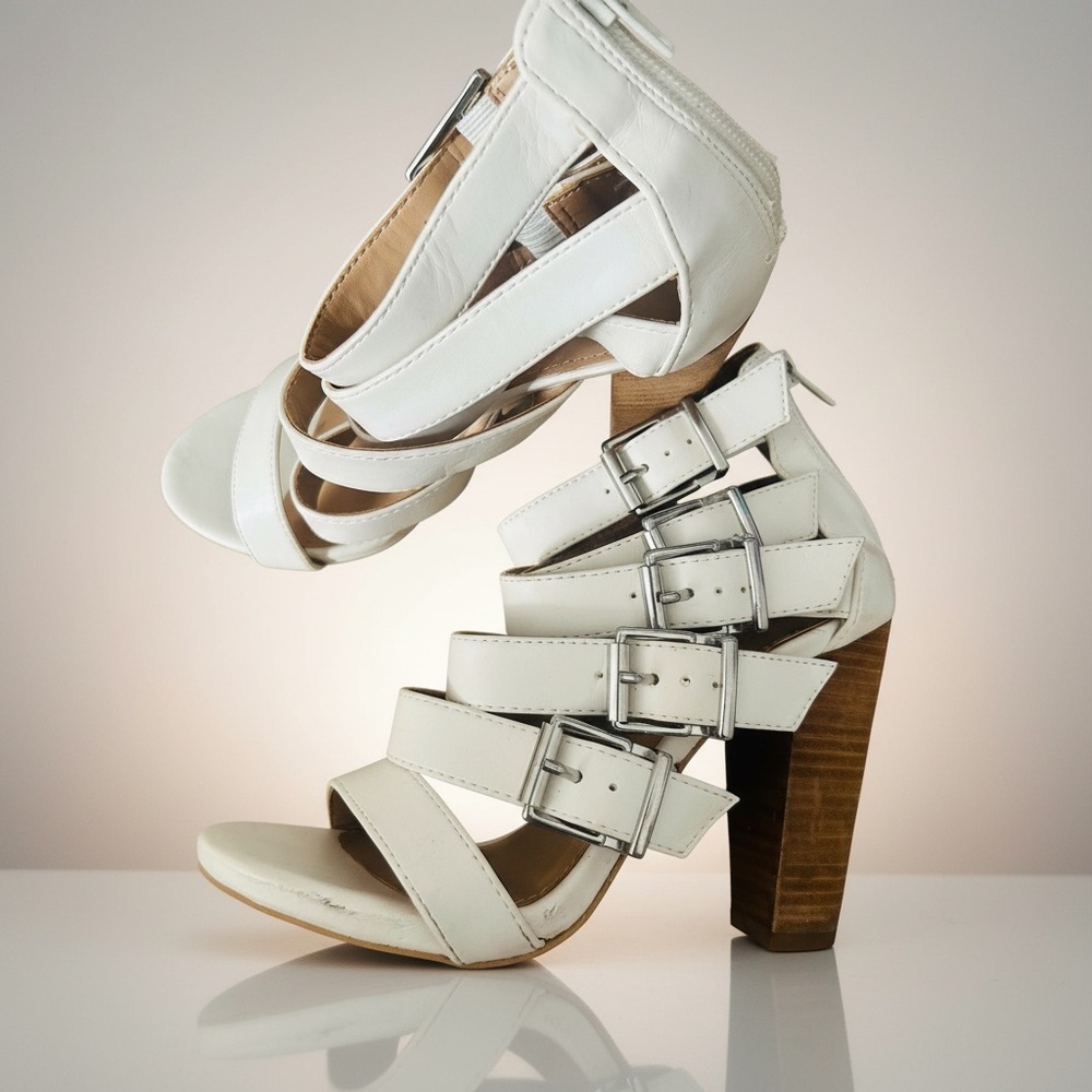 Express White Buckle Strap Heels